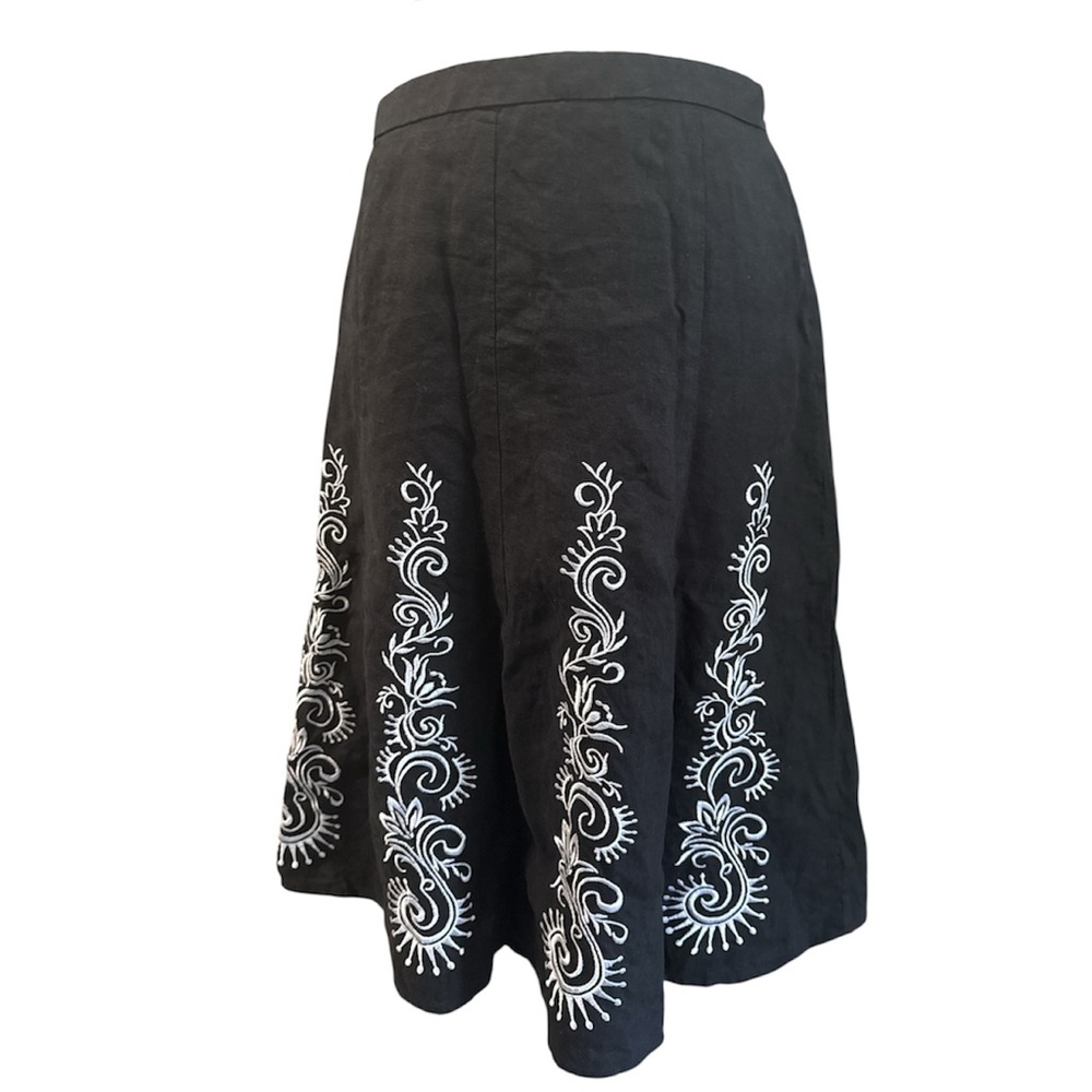 LOFT Black Linen White Embroidered A-Line Flair Fully Lined Midi Skirt Sz 2 EUC - Picture 1 of 11